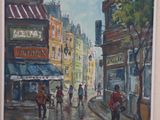 painting of a city street scene with people walking down the street