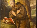an image of a painting of a man kneeling down reading a book