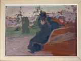 a painting of a woman sitting on a bench