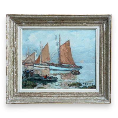 an oil painting of a sailboat on the water with a lighthouse in the background