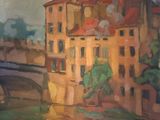 painting of a painting of a city with a bridge over a river