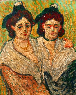 tableau représentant deux femmes portant des chapeaux et des écharpes dans un champ