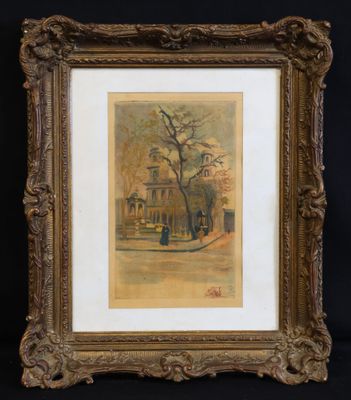 un tableau représentant un bâtiment avec un arbre devant