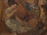 un tableau représentant une femme assise par terre avec des enfants