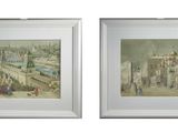 lot de deux aquarelles représentant une rue de la ville et un pont