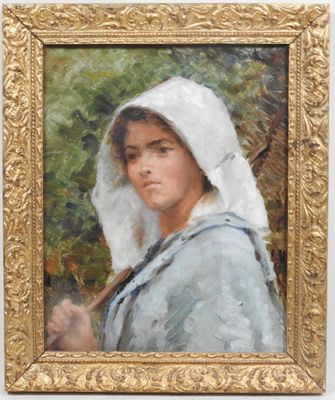 tableau représentant une femme portant un voile blanc et tenant un bâton