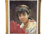 tableau représentant une femme en robe blanche tenant un sac rouge