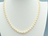 a white pearl necklace on a mannequin with a blue background