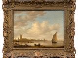 an image of a painting of boats on a river with a city in the background