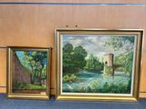 two paintings of a river and a bridge in a room
