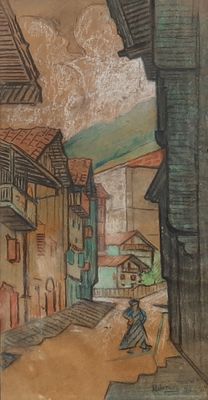painting of a street scene with a person walking down the street