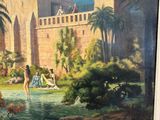 painting of a painting of a woman in a boat in a lake with palm trees and a castle in the background