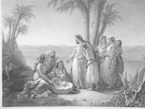 an old black and white drawing of a group of people in a desert