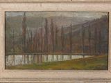 an oil painting of a landscape with trees and a river