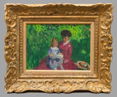 une image représentant un tableau où l'on voit une femme et un enfant dans un jardin