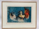 painting of a man riding a horse in the water with a red umbrella