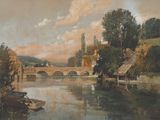 une peinture représentant un pont au-dessus d'une rivière, avec des bateaux dessus
