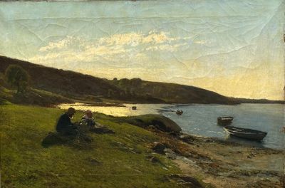 un tableau représentant un couple assis dans l'herbe au bord de l'eau