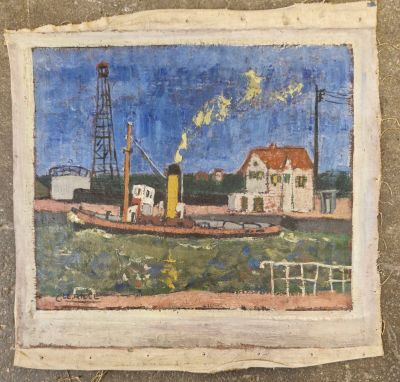 peinture d'un bateau sur un plan d'eau avec un bâtiment en arrière-plan