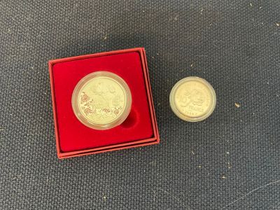 a small gold coin in a red box next to a smaller gold coin