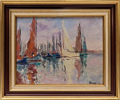 une peinture à l'huile représentant des voiliers dans un port par une journée ensoleillée