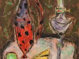 une image représentant un tableau sur lequel figurent un vase et un verre posés sur une table