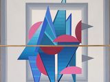 painting of a blue and pink geometric design in a white frame