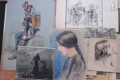 many pictures of a woman sitting on a chair
