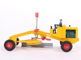 a yellow toy bulldozer with a man sitting on top of it