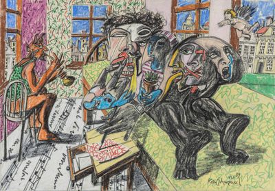 dessin représentant un groupe de personnes jouant de la musique dans un salon