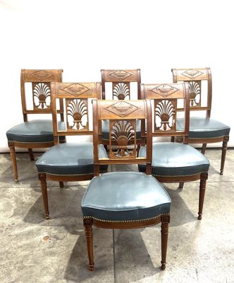 set of six antique dining chairs with leather upholstered seats