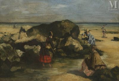 painting of a group of people standing on a beach next to an elephant