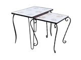 pair of wrought iron tables with tile top and wrought legs