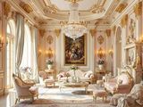 un salon avec un lustre, des canapés, des fauteuils et une table