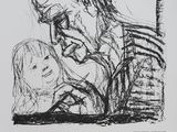 une image représentant un dessin en noir et blanc d'un homme tenant un enfant dans ses bras