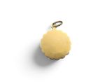 a close up of a gold pendant on a white background