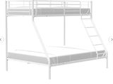 the bunk bed is white and has a ladder on top of it