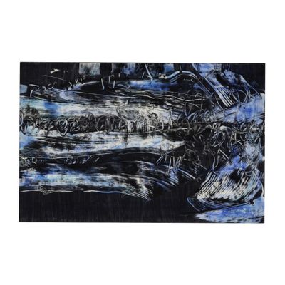 peinture abstraite en noir et blanc représentant un bateau sur un plan d'eau