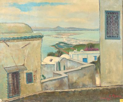 tableau représentant une vue sur la mer et les bâtiments d'une ville