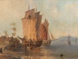 un tableau représentant un bateau sur l'eau, avec des personnes sur la rive