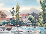 une aquarelle représentant une rivière avec une maison en arrière-plan