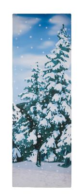 un tableau représentant un arbre recouvert de neige au milieu d'un champ