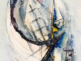 tableau représentant un voilier avec une grande voile sur l'eau
