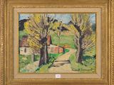 un tableau représentant une route de campagne avec des arbres et des maisons en arrière-plan