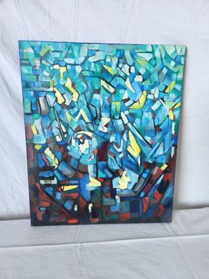 painting of a man standing in front of a painting of blue and yellow