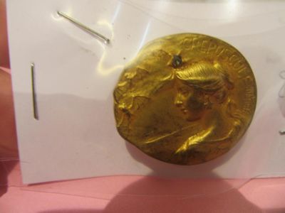 a gold coin with a woman ' s face on it on a piece of paper