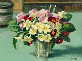 une peinture représentant un vase de fleurs sur une table