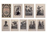 six illustrations en noir et blanc représentant divers personnages et animaux
