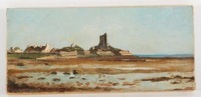 l'image d'un tableau représentant un paysage avec un château au loin