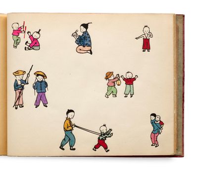 an open book with a drawing of a group of people on it